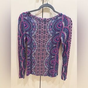 BCBGMaxAzria Pink and Blue Paisley Long Sleeve Top